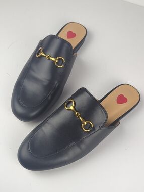 VERTUNDY Women's Black Leather Mules Low Heel Flats Slides